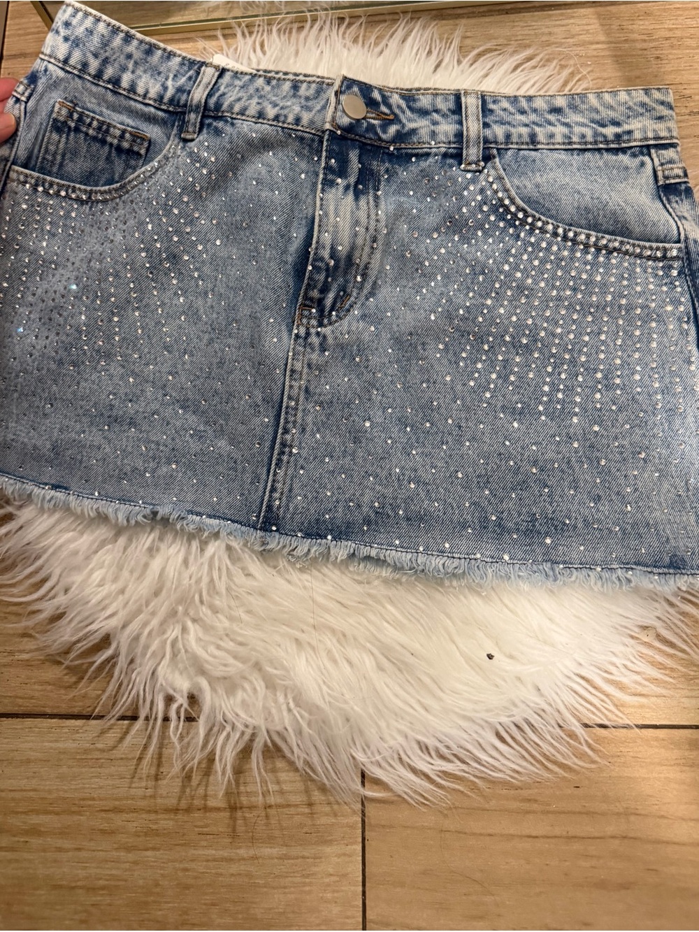 Windsor Light Blue Denim Mini Skirt with Rhinestone Accents